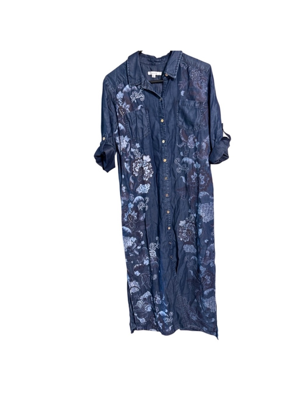 Chico’s Floral Denim Button Front Maxi Shirt Dress Blue Size 1.5P Petite - Picture 3 of 6